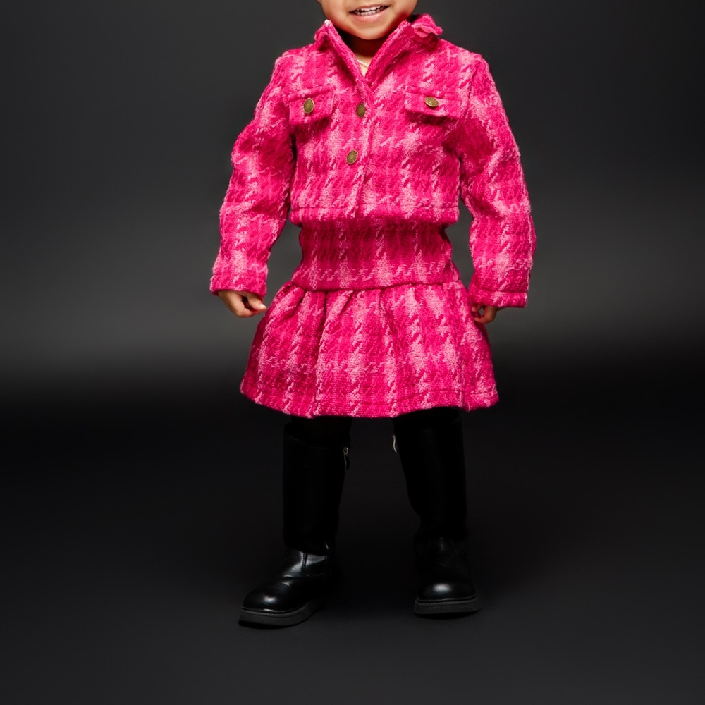 Girls Fuchsia Houndstooth Tweed Skirt set